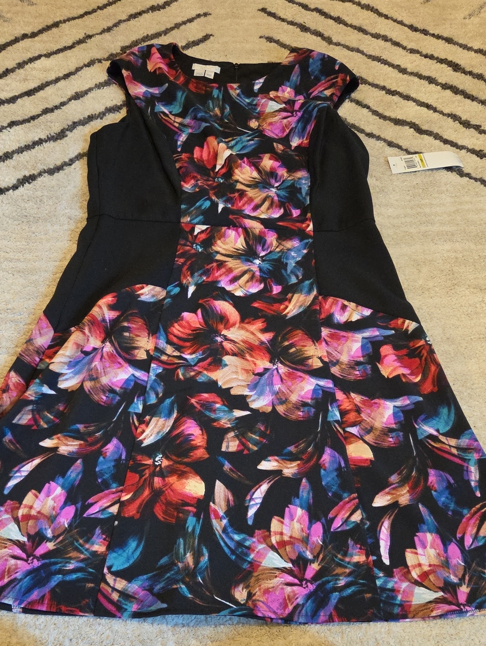 London Times Black Floral Midi Dress with Multicolor Print